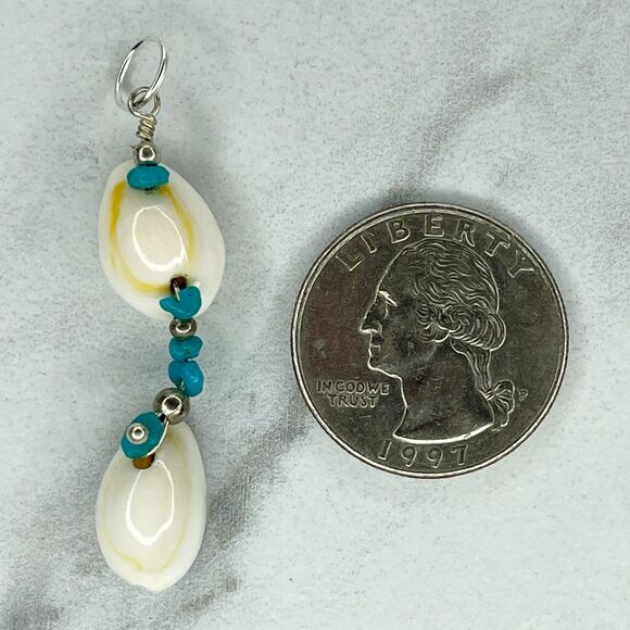 Faux Turquoise Beaded Cowrie Shell Upcycled Pendant - Picture 4 of 4